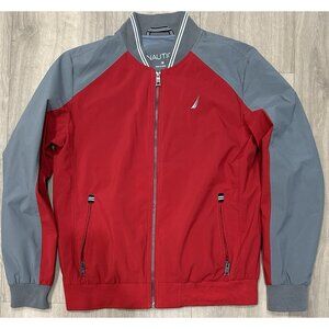 Nautica Windbreaker Men’s Size M Lined Jacket Red w/Gray Stripe Zipper, Pockets